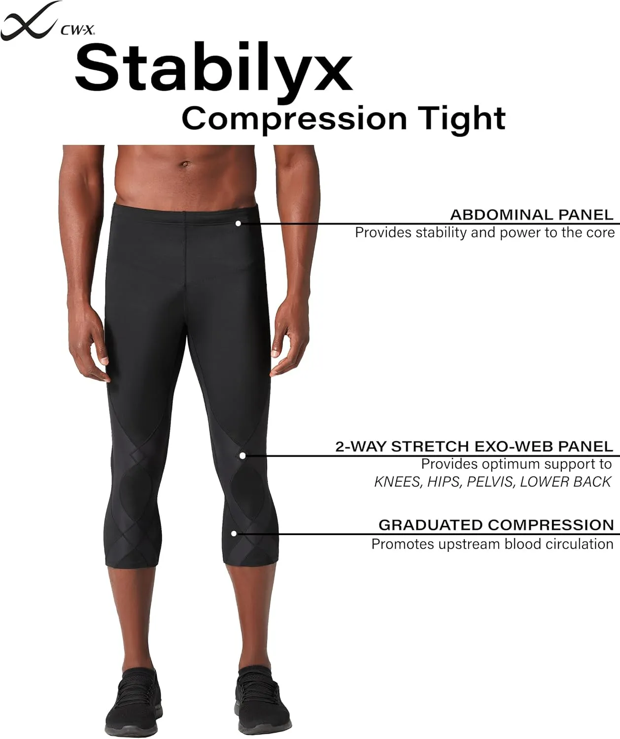 CW-X Men's Stabilyx Joint Support 3/4 Compression Tight, Capri Pants for Running and Recovery