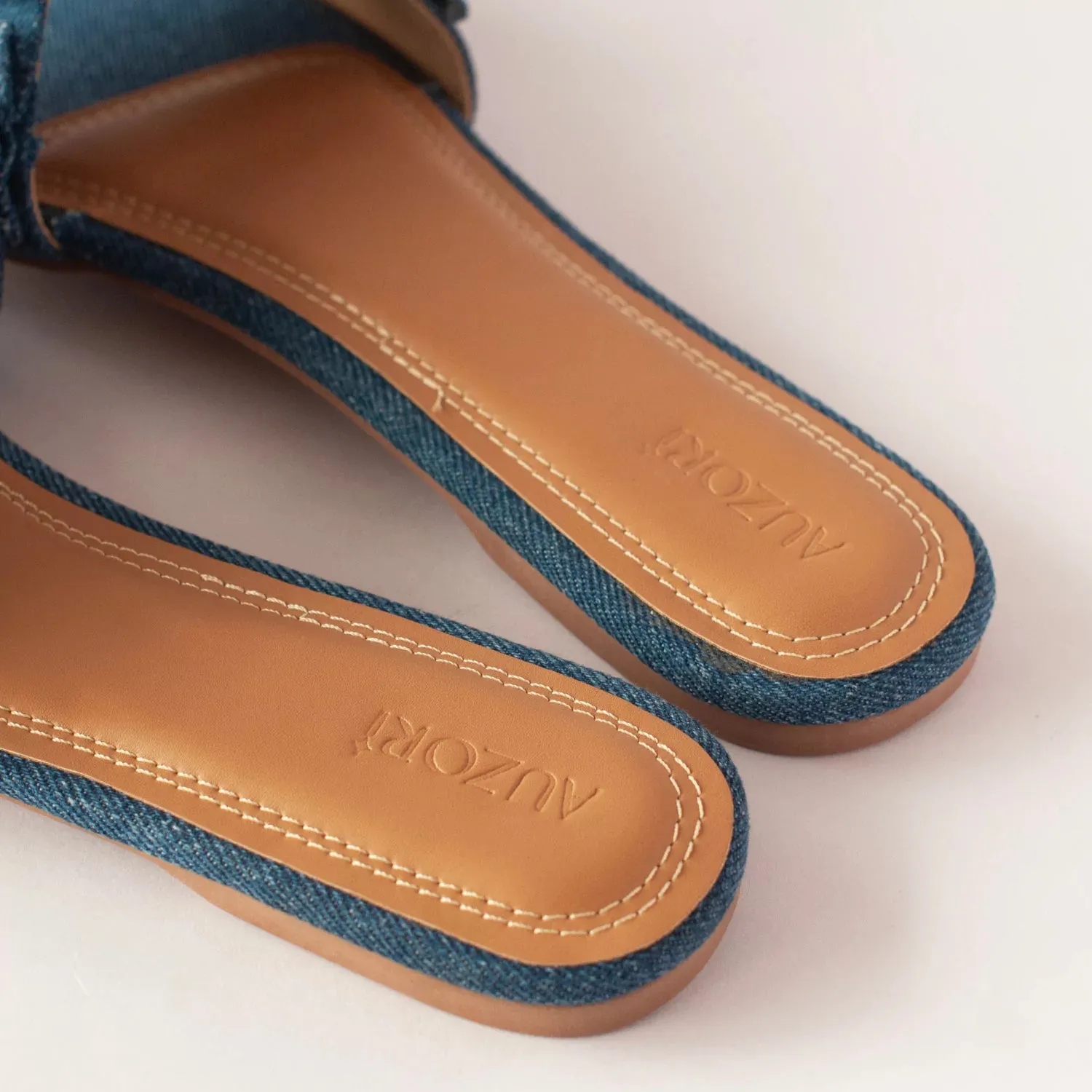 Denim Ruffled Flat Slides