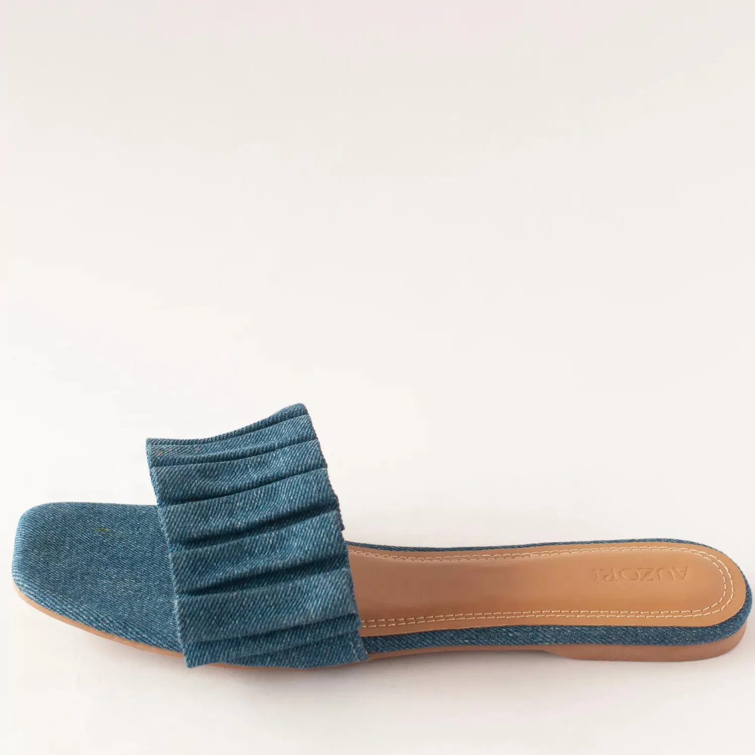 Denim Ruffled Flat Slides
