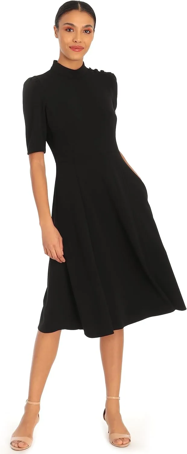 Donna Morgan Women's Mock Neck Crepe Fit and Flare Dress Career Office Workwear Desk to Dinner Guest of