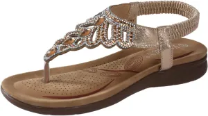 Dress Sandals for Women Beaded Rhinestones Sandals T-Strap Bohemian Sandals Breathable Dressy Summer Shoes Outdoor