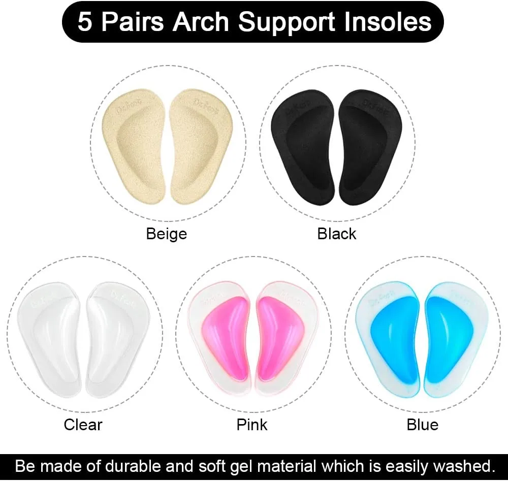 Dr.Foot Plantar Fasciitis Arch Support Shoe Insoles 5 Pairs, Thicken Gel Arch Pads for Flat Feet - Self-Adhesive Arch Cushions Inserts for Men and Women