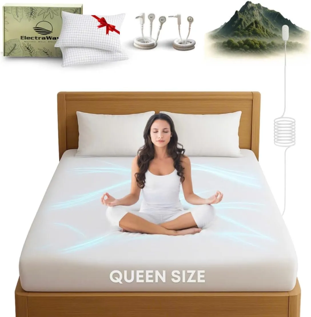 ELECTRAWAVE Premium Grounding Queen Flat Sheet 94" x 102", Queen Grounding Pillowcases – 93% Organic Cotton, 7% Pure Silver Fiber, Earthing Sheet Sleep Support, Wellness Naturally