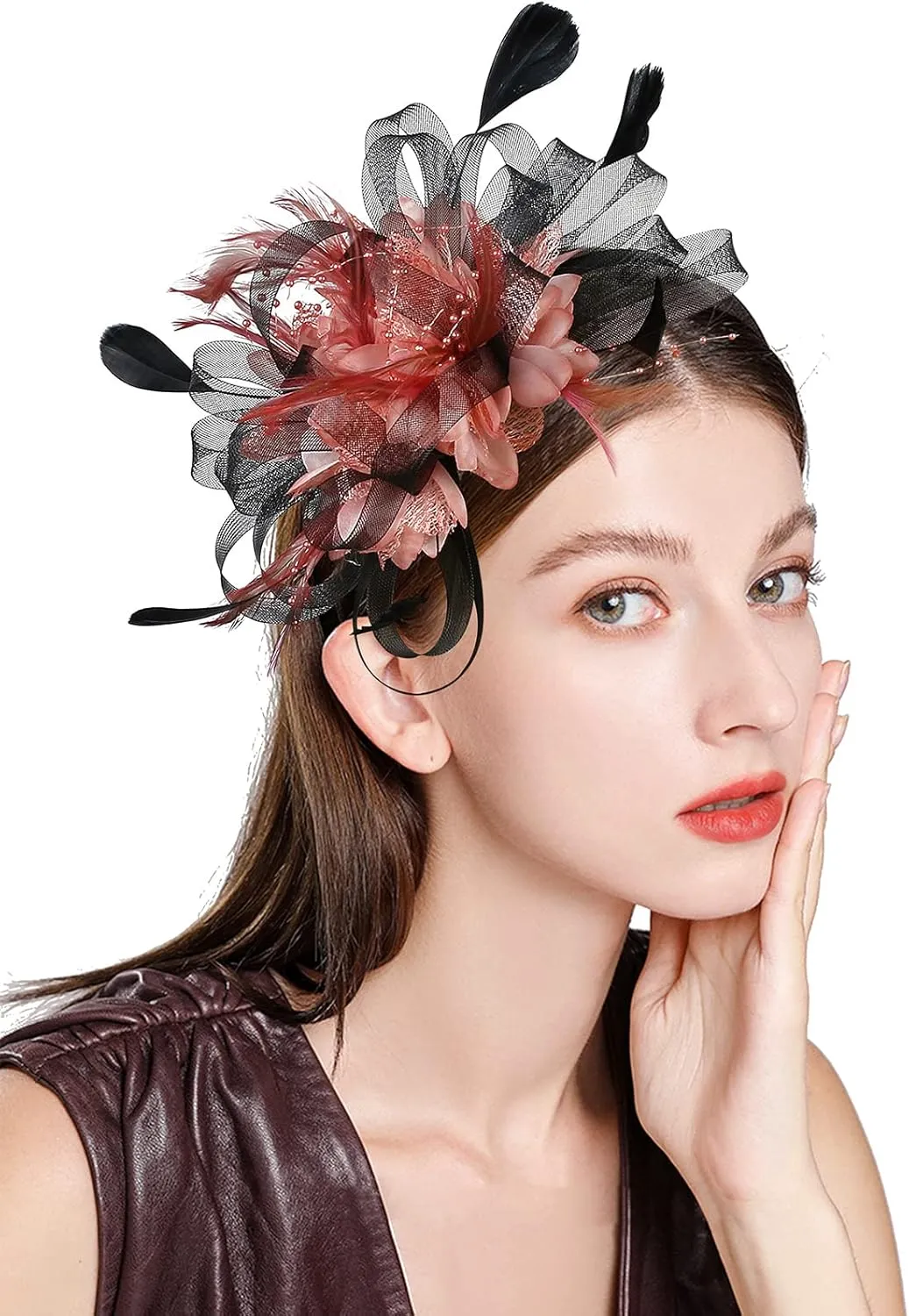 Fascinator Hats for Women Feather Flower Hair Clip Brooch Wedding Tea Party Hat Derby Race Headwear