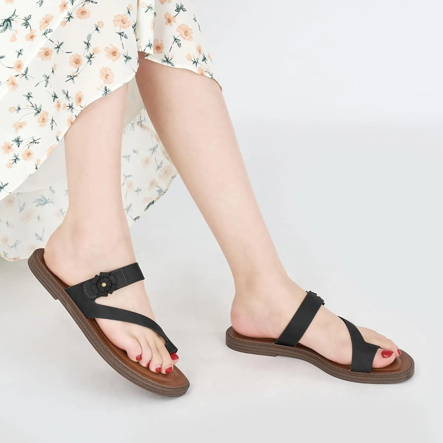 Flat Sandals for Women Dressy: Comfortable Summer Beach Sandal Adjustable Hook loop Slip on Toe Ring Walking Shoes for Travel Office