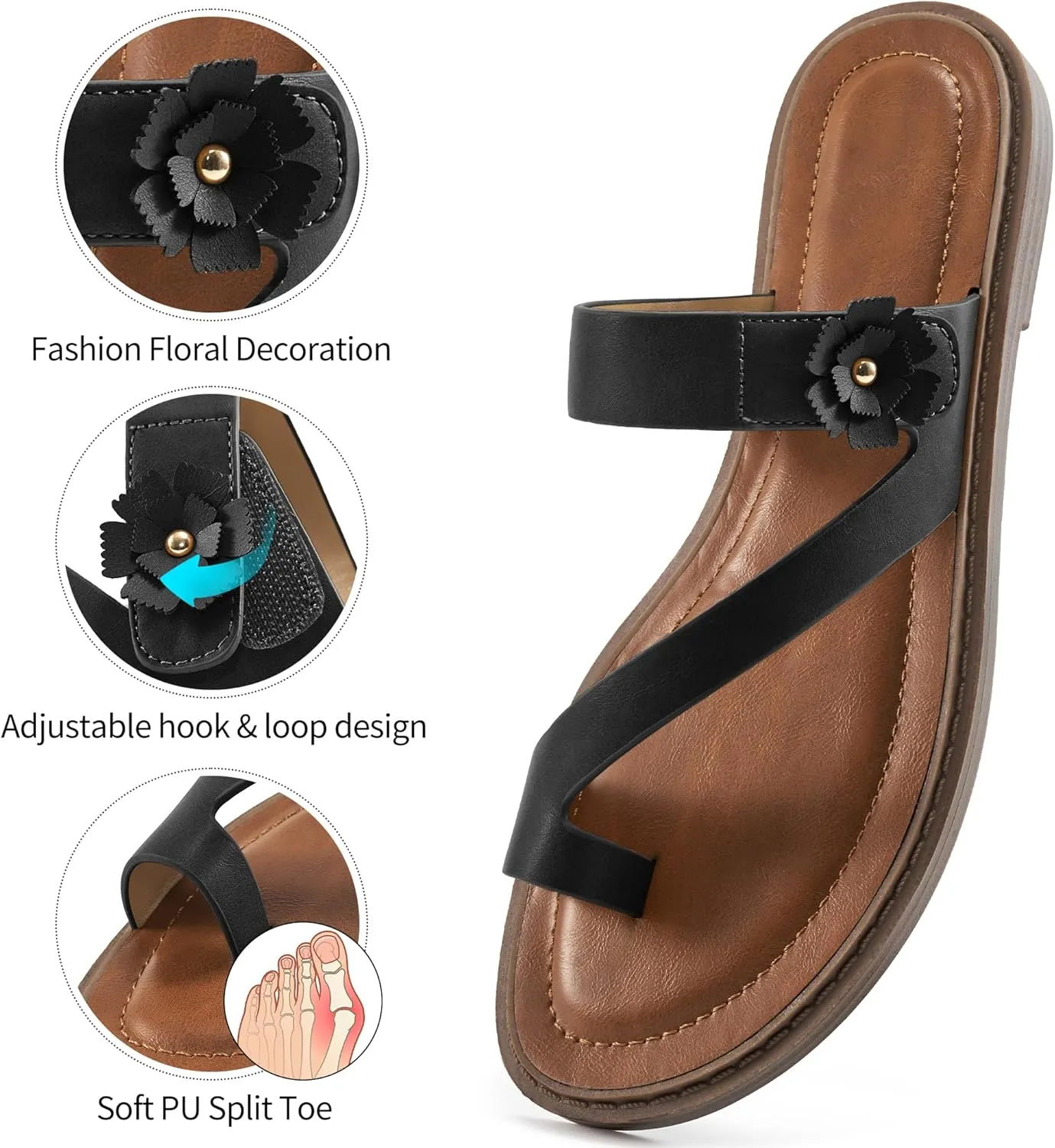 Flat Sandals for Women Dressy: Comfortable Summer Beach Sandal Adjustable Hook loop Slip on Toe Ring Walking Shoes for Travel Office
