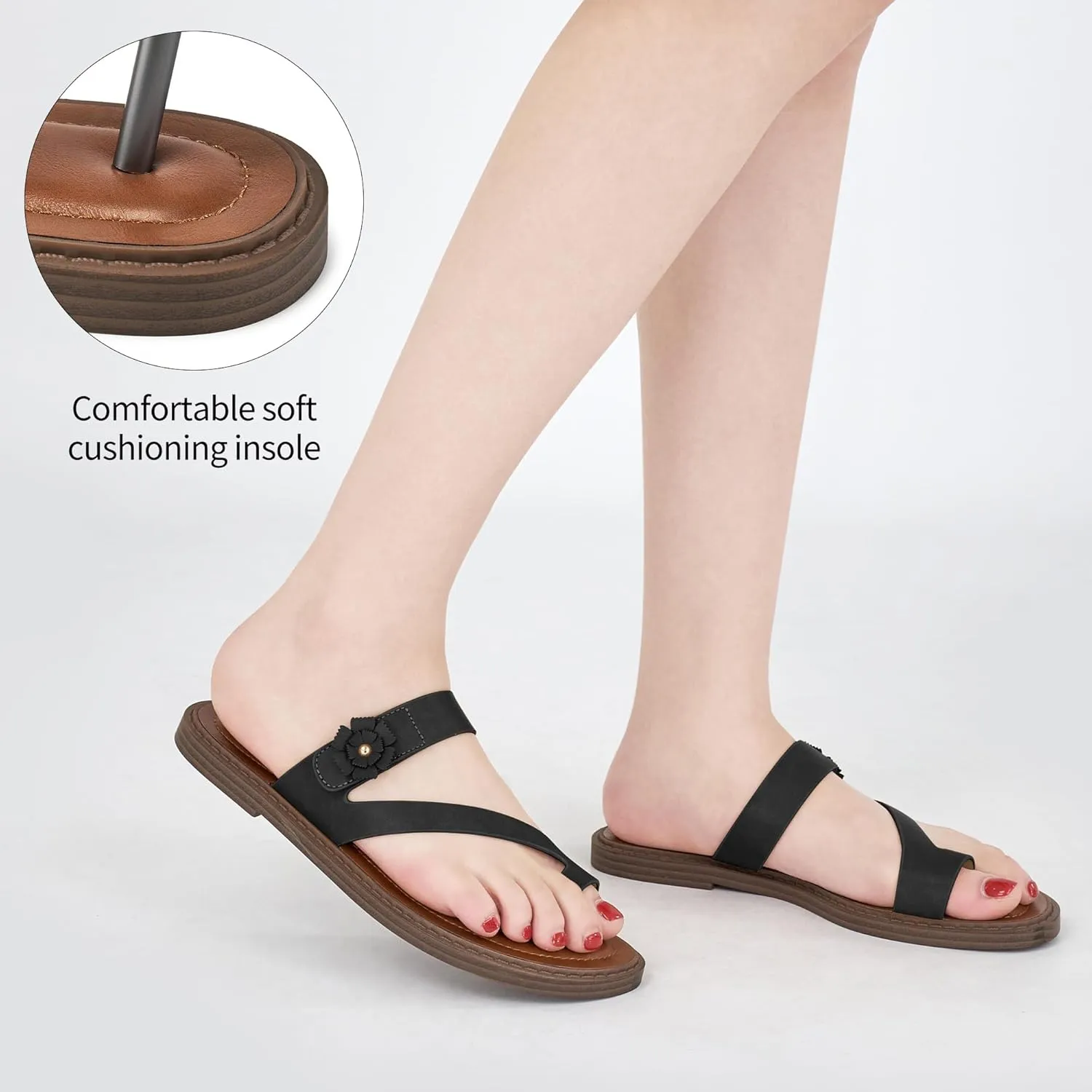 Flat Sandals for Women Dressy: Comfortable Summer Beach Sandal Adjustable Hook loop Slip on Toe Ring Walking Shoes for Travel Office