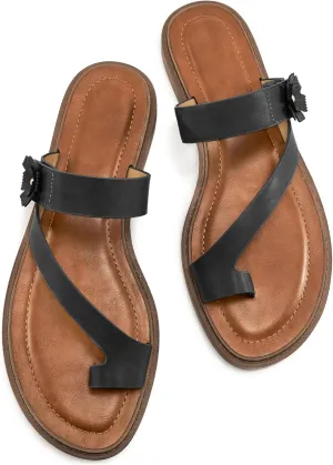 Flat Sandals for Women Dressy: Comfortable Summer Beach Sandal Adjustable Hook loop Slip on Toe Ring Walking Shoes for Travel Office