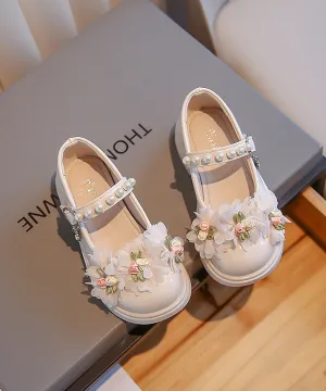 Floral Splicing Beige Kids Girls Princess Flat Shoes Buckle Strap