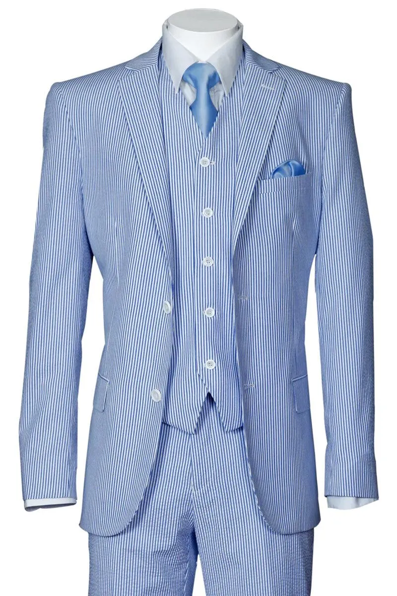 Fortino Landi Seersucker Summer Suit w/Vest - Blue 2-Btn