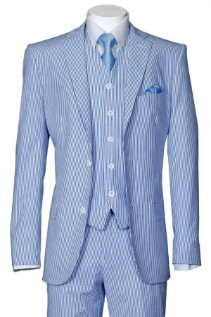 Fortino Landi Seersucker Summer Suit w/Vest - Blue 2-Btn