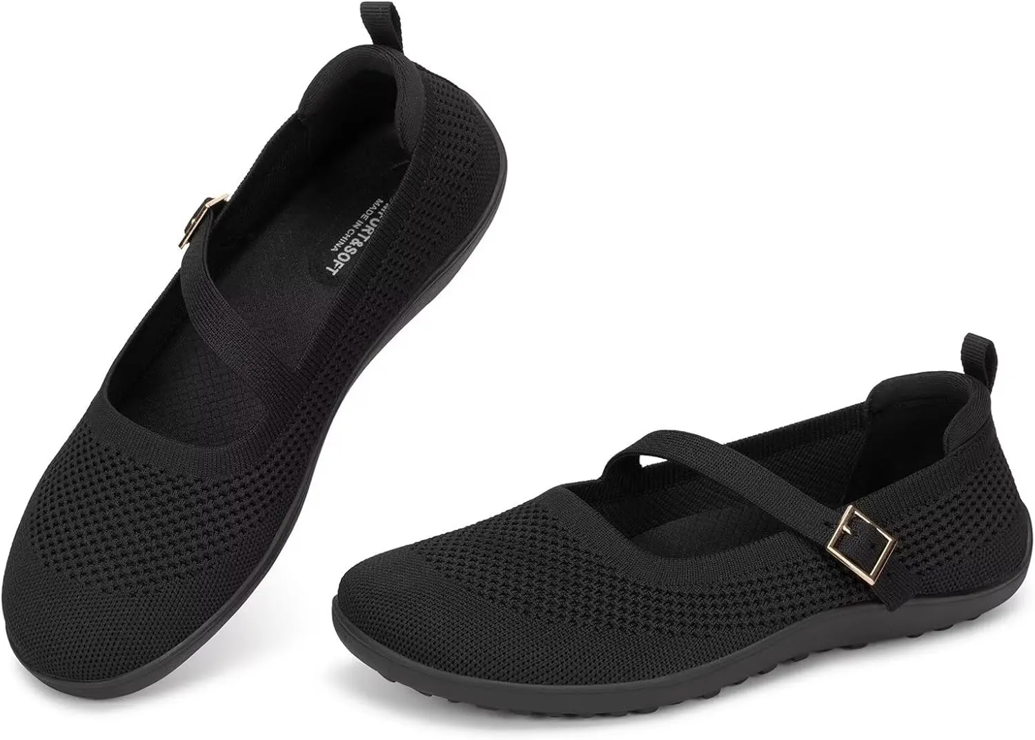 Frank Mully Women's Wide Width Flats Mary Jane Flat Comofortable Knit Ballet Flat Wide Toe Box Dress Shoes with Adjustable Straps