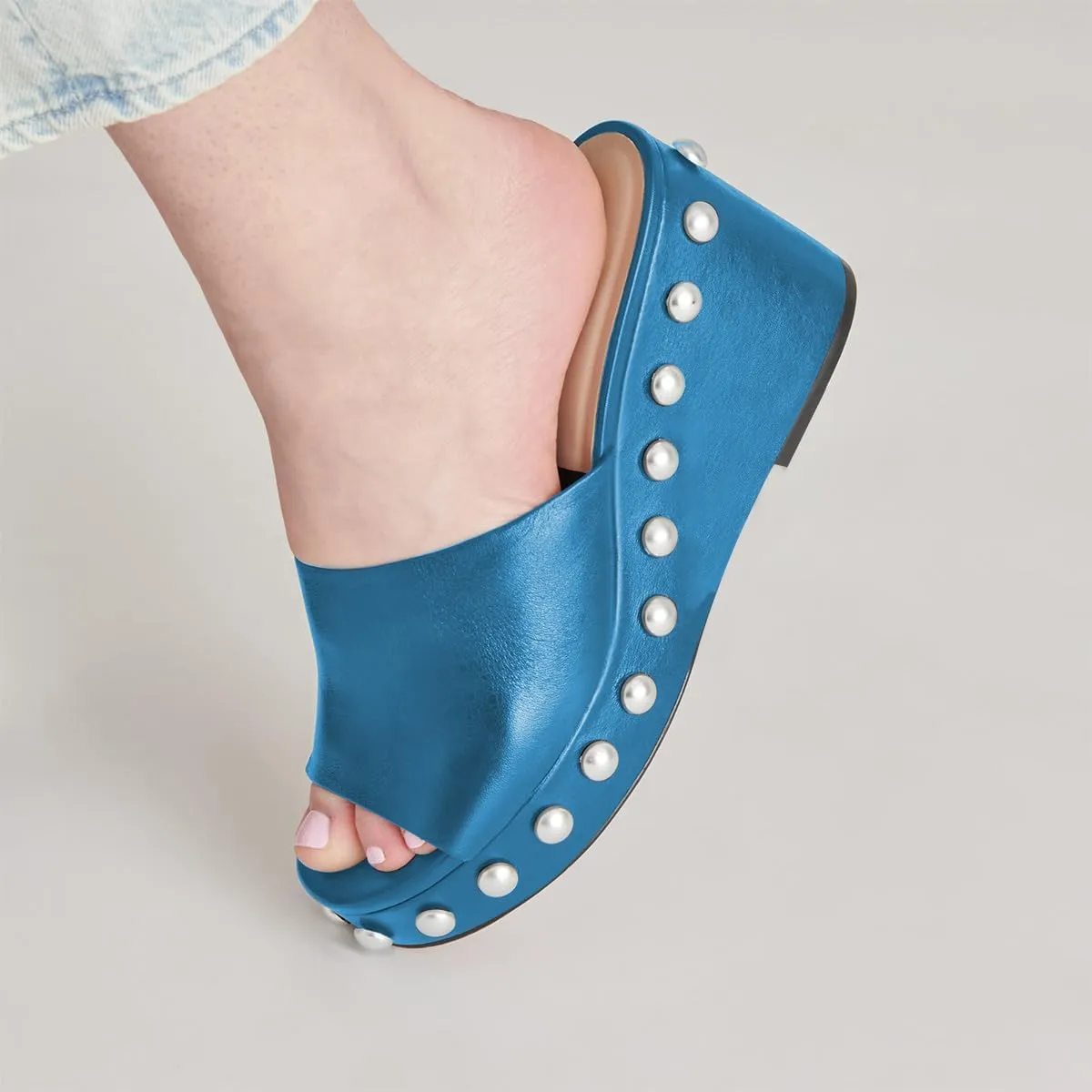 FSJ Women Classic Open Toe Wedge Heels Slide Heeled Sandals Studded Metal Rivets Slip On Mules Summer Casual Dress Shoes Size 4-16 US