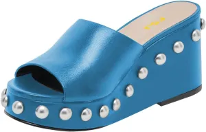FSJ Women Classic Open Toe Wedge Heels Slide Heeled Sandals Studded Metal Rivets Slip On Mules Summer Casual Dress Shoes Size 4-16 US