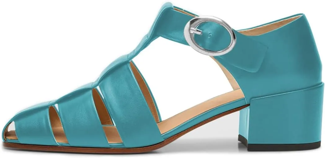FSJ Women Closed Toe Low Chunky Heel Fisherman Sandals Hollow Cage Roman Gladiator Sandals Comfortable Ankle Strap Summer Daily Shoes Size 4-16 US