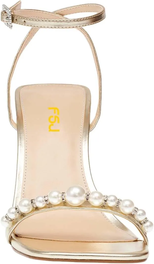 FSJ Women High Heels Sandals Open Toe Gorgeous Pearl Heel Sandals Ankle Strap with Rhinestones Buckle Fashion Pump Bridal Wedding Party Dress Shoes Size 4-16 US