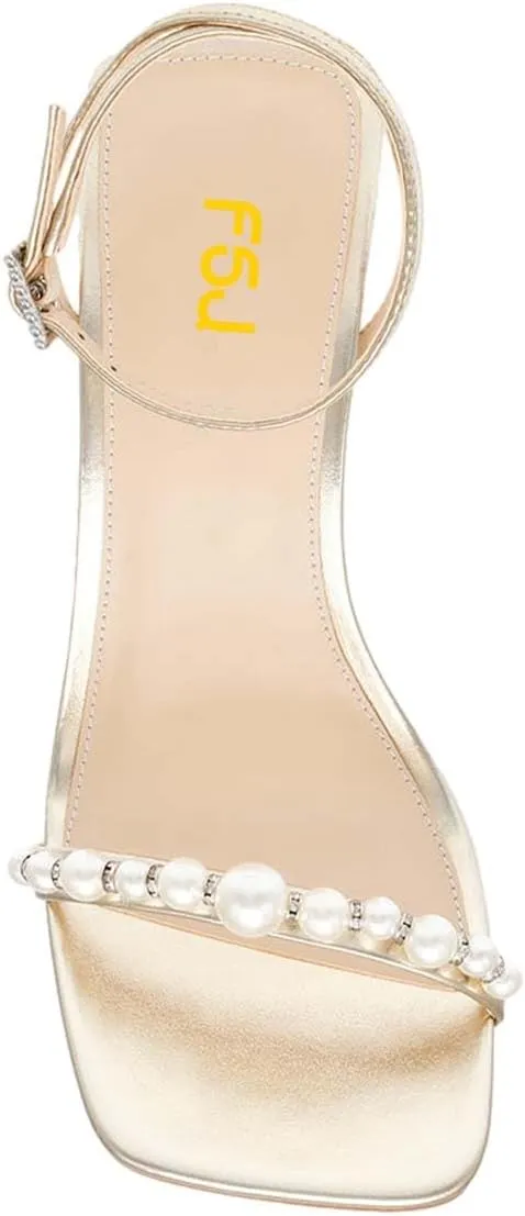 FSJ Women High Heels Sandals Open Toe Gorgeous Pearl Heel Sandals Ankle Strap with Rhinestones Buckle Fashion Pump Bridal Wedding Party Dress Shoes Size 4-16 US