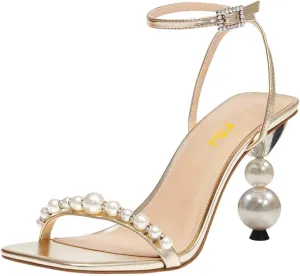 FSJ Women High Heels Sandals Open Toe Gorgeous Pearl Heel Sandals Ankle Strap with Rhinestones Buckle Fashion Pump Bridal Wedding Party Dress Shoes Size 4-16 US