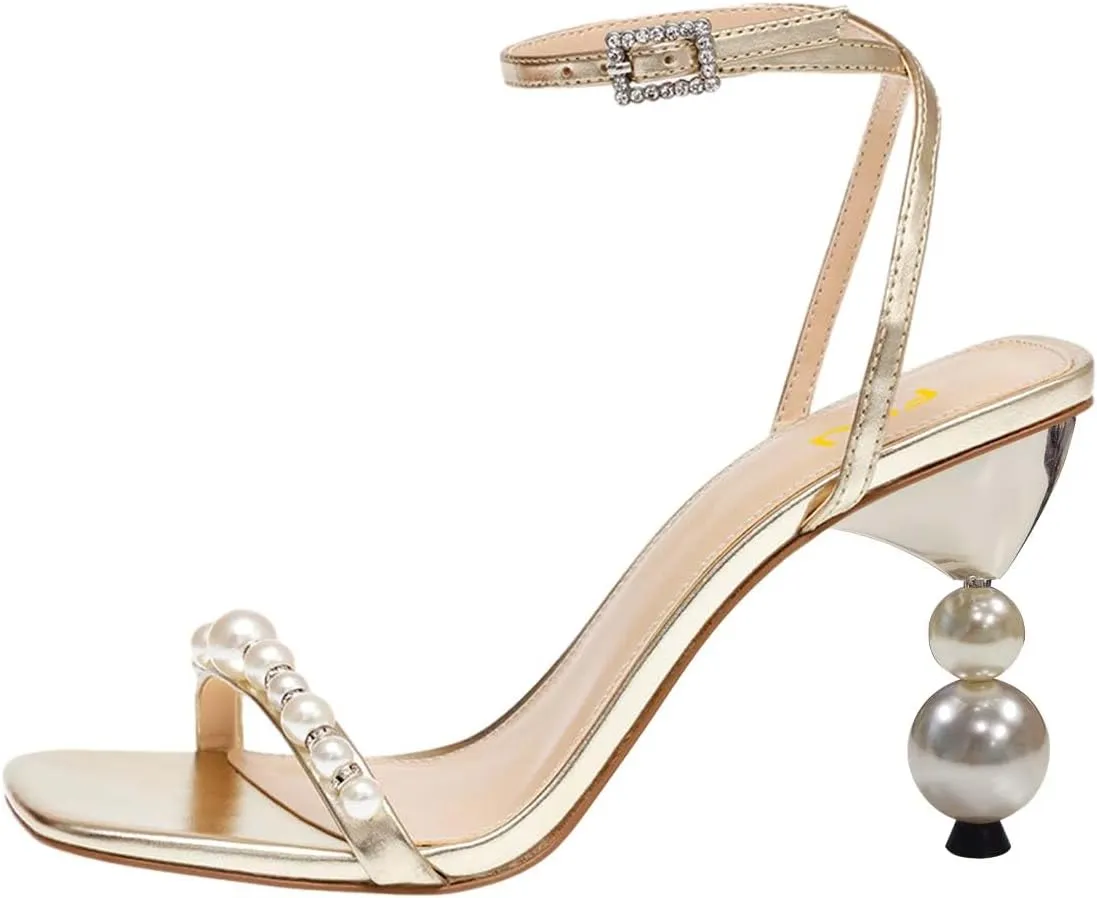 FSJ Women High Heels Sandals Open Toe Gorgeous Pearl Heel Sandals Ankle Strap with Rhinestones Buckle Fashion Pump Bridal Wedding Party Dress Shoes Size 4-16 US