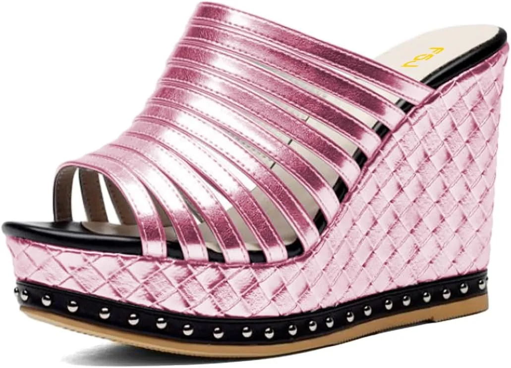 FSJ Women Open Toe High Heel Mules Platform Clogs Slip On Studded Wedges Sandals Strappy Slide Casual Backless Slippers Shoes Size 4-16 US