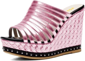 FSJ Women Open Toe High Heel Mules Platform Clogs Slip On Studded Wedges Sandals Strappy Slide Casual Backless Slippers Shoes Size 4-16 US