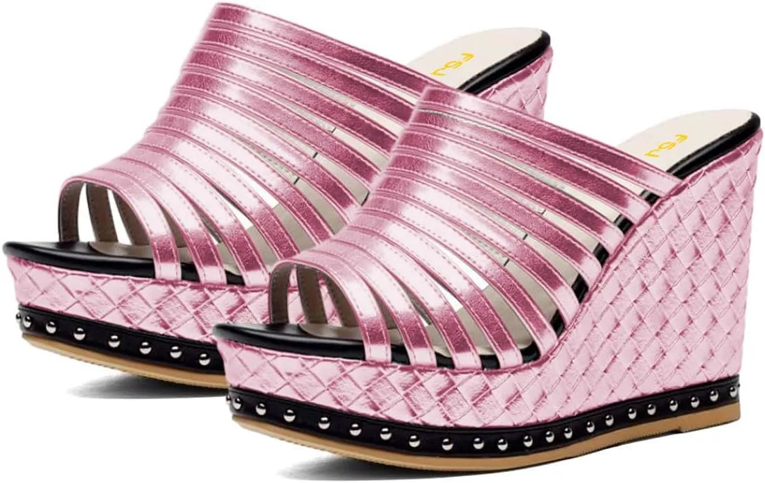 FSJ Women Open Toe High Heel Mules Platform Clogs Slip On Studded Wedges Sandals Strappy Slide Casual Backless Slippers Shoes Size 4-16 US