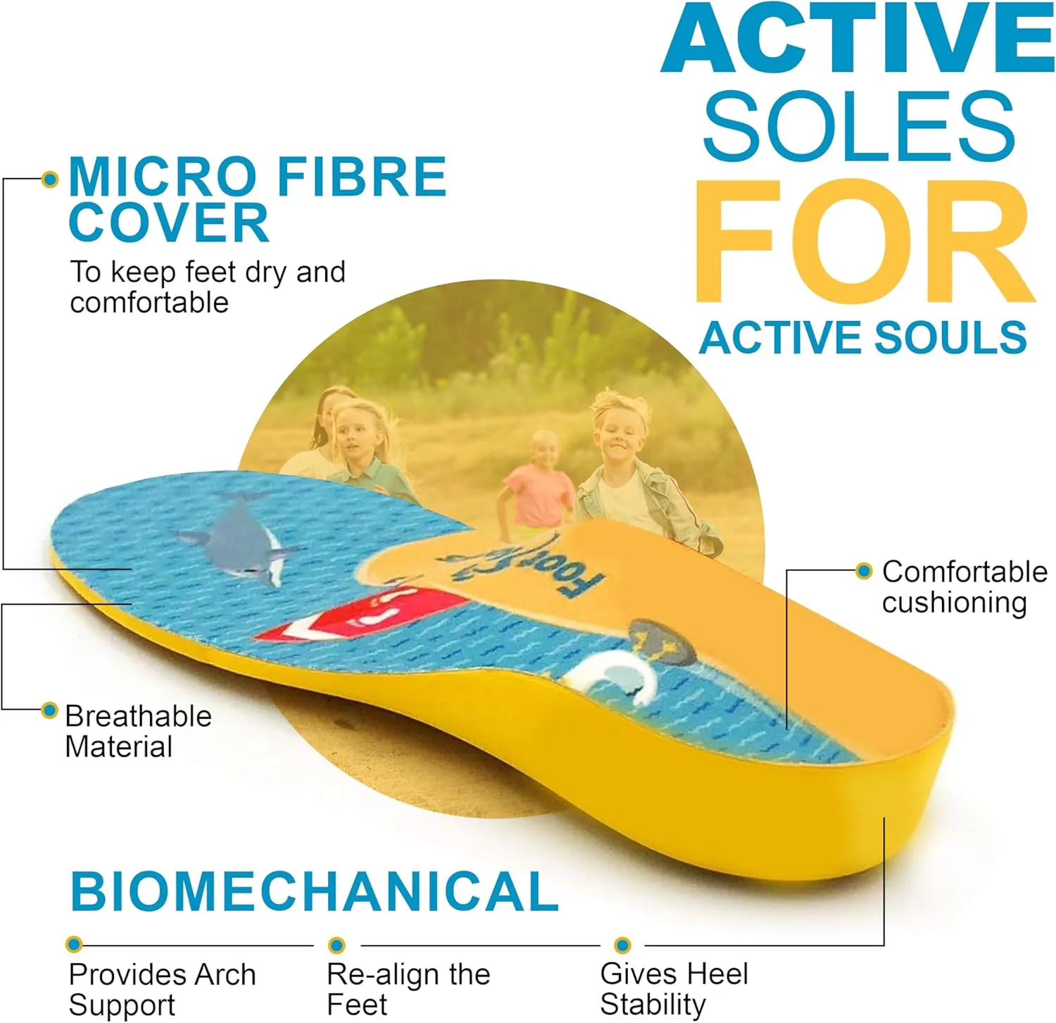 Fun Kids Orthotic Shoe Insoles with Arch Support for Children’s Heel Pain (Sever’s Disease), Growing Pains, Flat Feet - Children’s, Pair (Kids 1-3, Yellow)