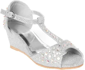 Girls Glitter and Rhinestone Open Toe Wedge Heel (Toddler/Little Girl)