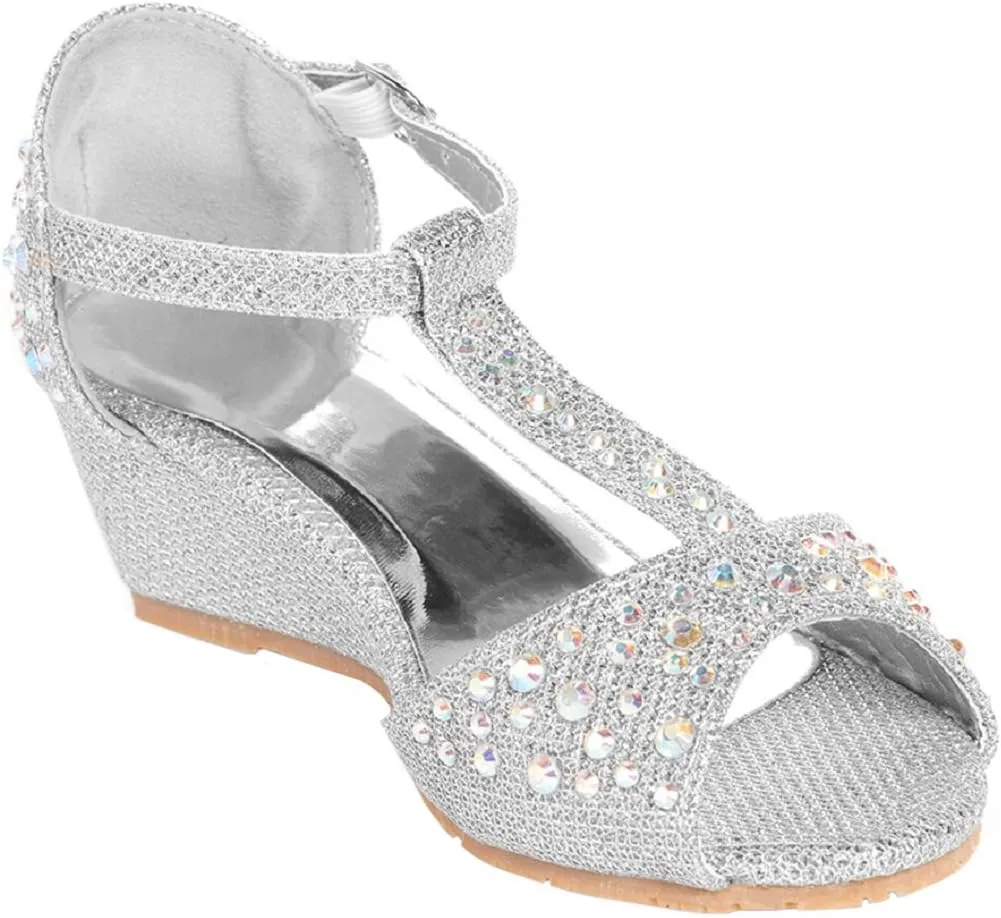 Girls Glitter and Rhinestone Open Toe Wedge Heel (Toddler/Little Girl)