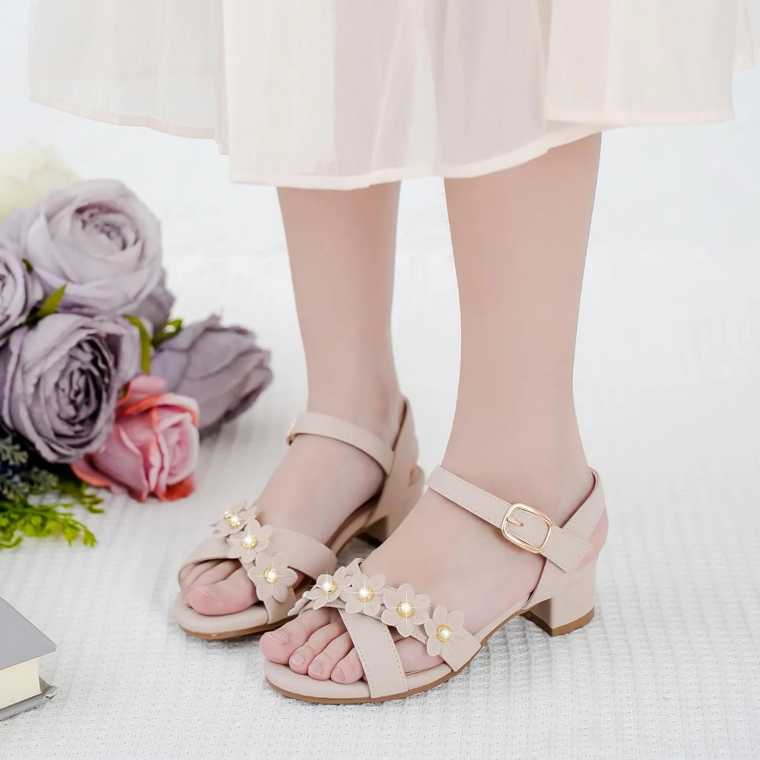 Girls Sandals Kids Heels Open Toe Ankle Strap Dress Shoes Flower Wedding Party for Toddler Little Big Kid