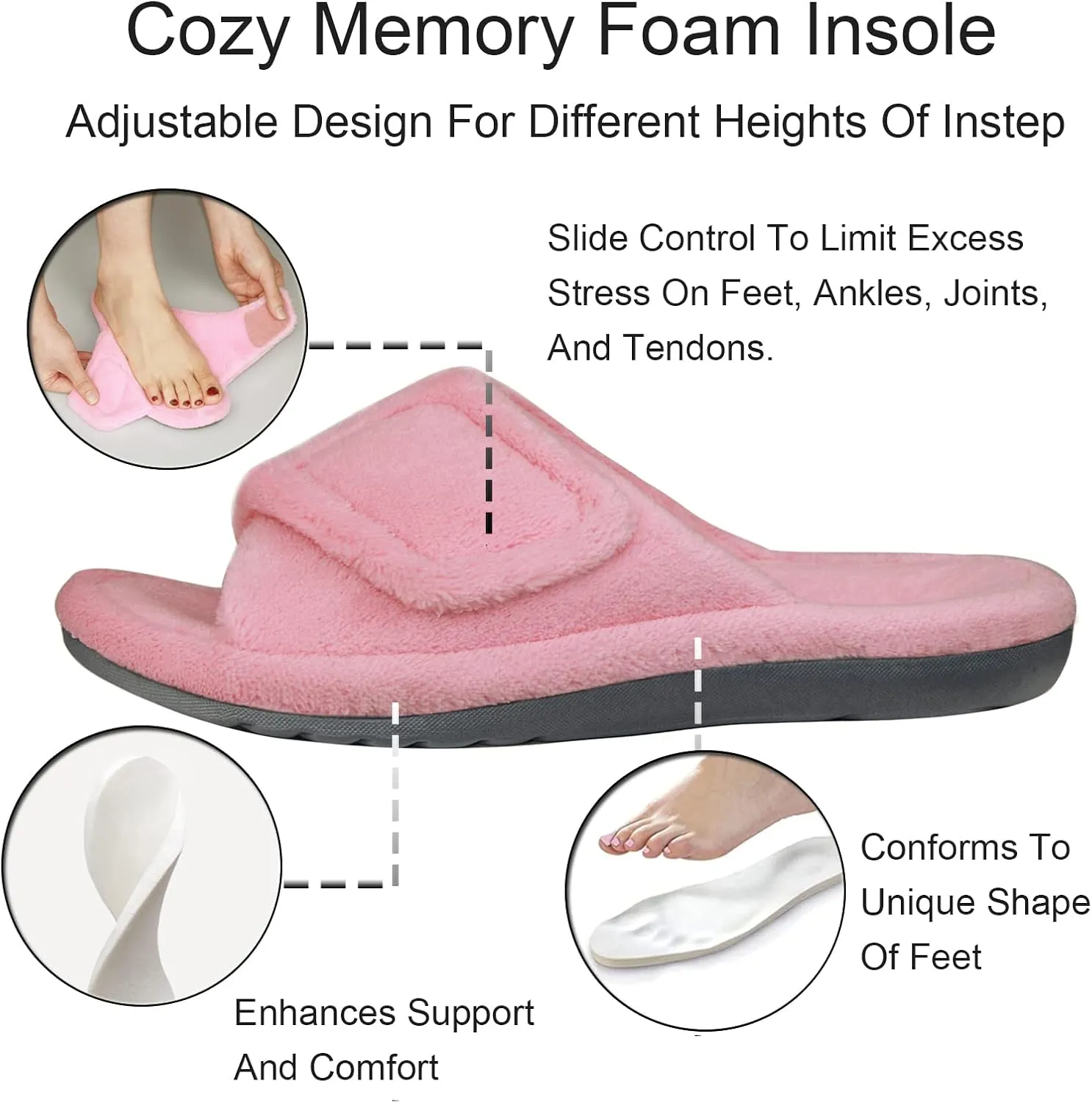 GRITHEIM Women's Orthotic Arch Support Slippers Fuzzy Adjustable Orthopedic Slippers for Plantar Fasciitis Furry Slide for Ladies