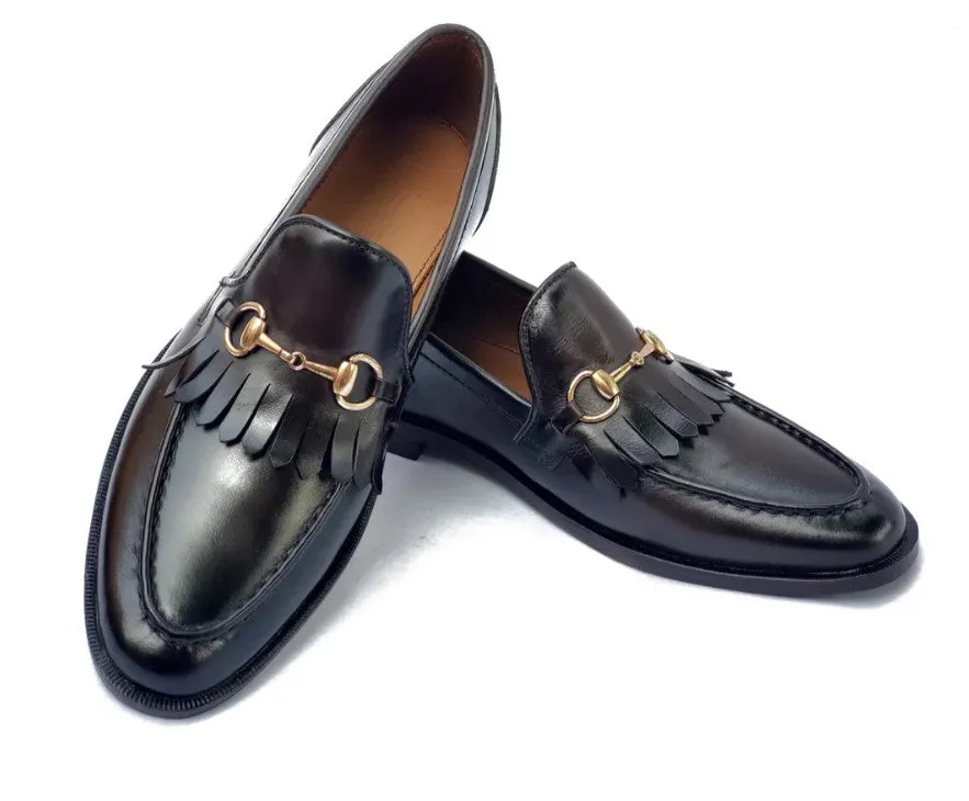 Handmade Black Leather Fringe Loafer Moccasins for Men
