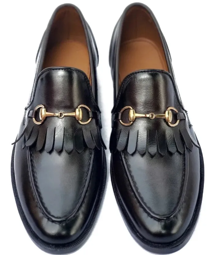 Handmade Black Leather Fringe Loafer Moccasins for Men