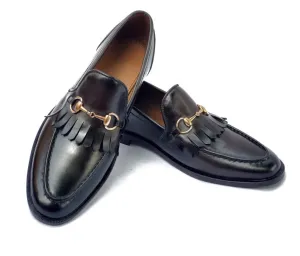 Handmade Black Leather Fringe Loafer Moccasins for Men