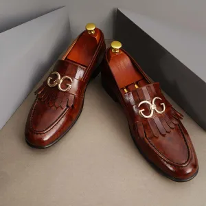 Handmade Brown Leather Fringe Shoes Moccasins, Mens Leather Loafer shoes