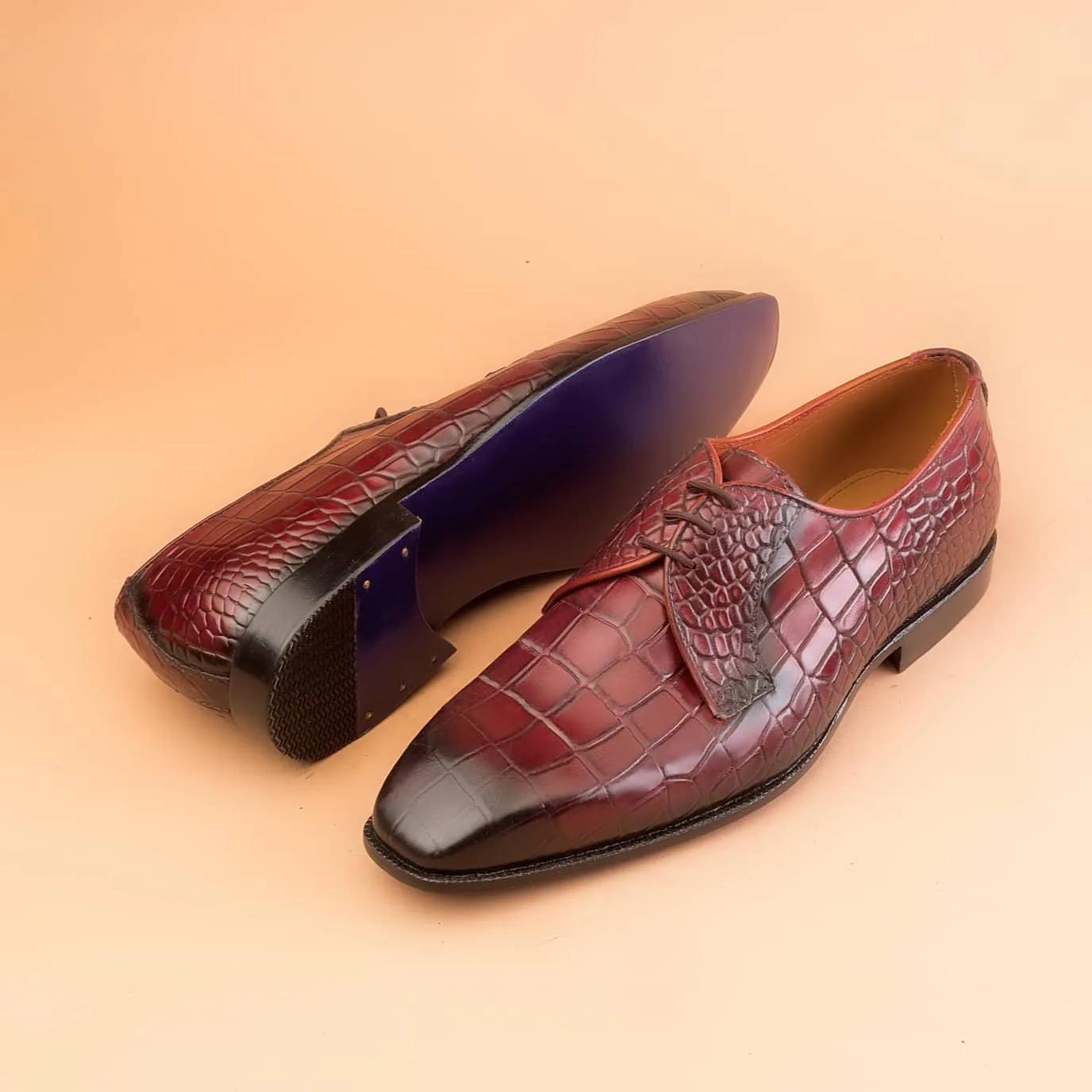 Handmade Burgundy Alligator Texture Leather Dress Shoes