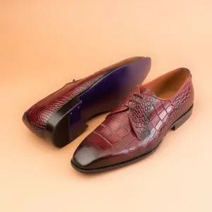 Handmade Burgundy Alligator Texture Leather Dress Shoes