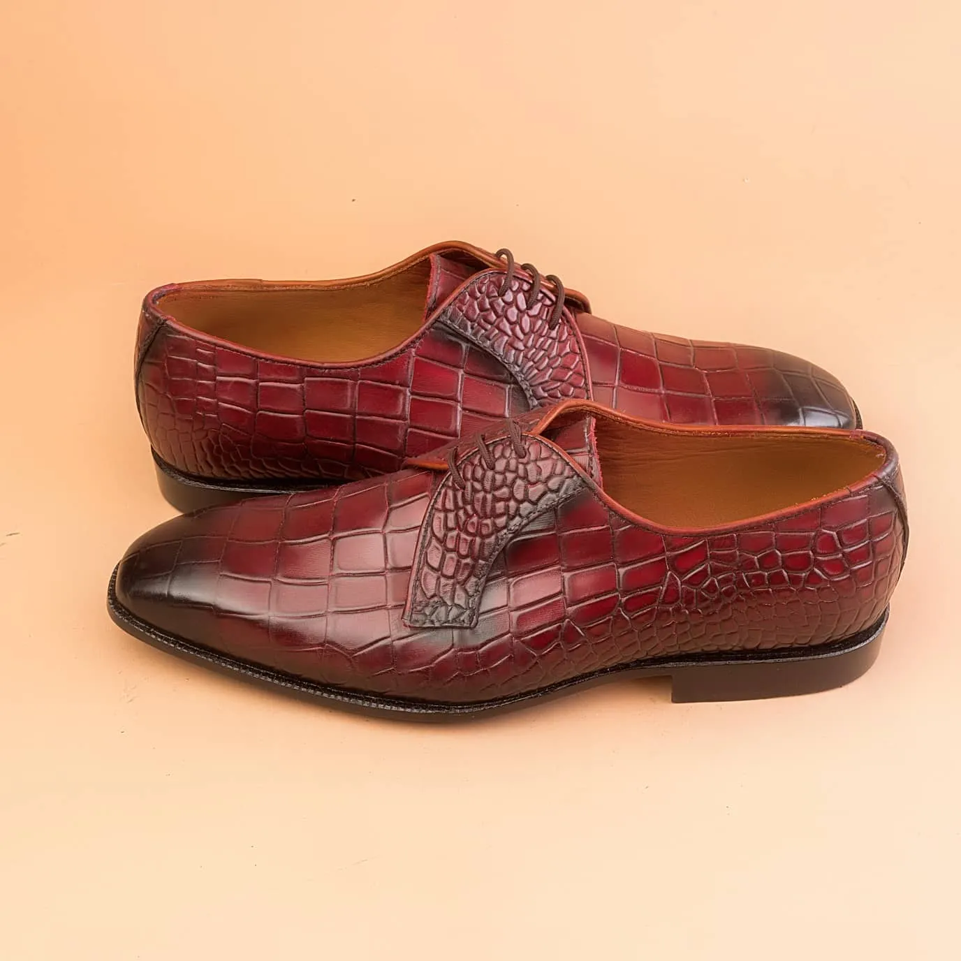 Handmade Burgundy Alligator Texture Leather Dress Shoes