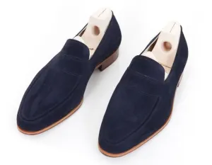 Handmade Navy Blue Suede Moccasins for Men