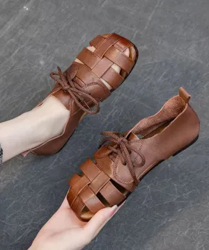 Handmade Splicing Flat Sandals Brown Cowhide Leather Hollow Out DD1030