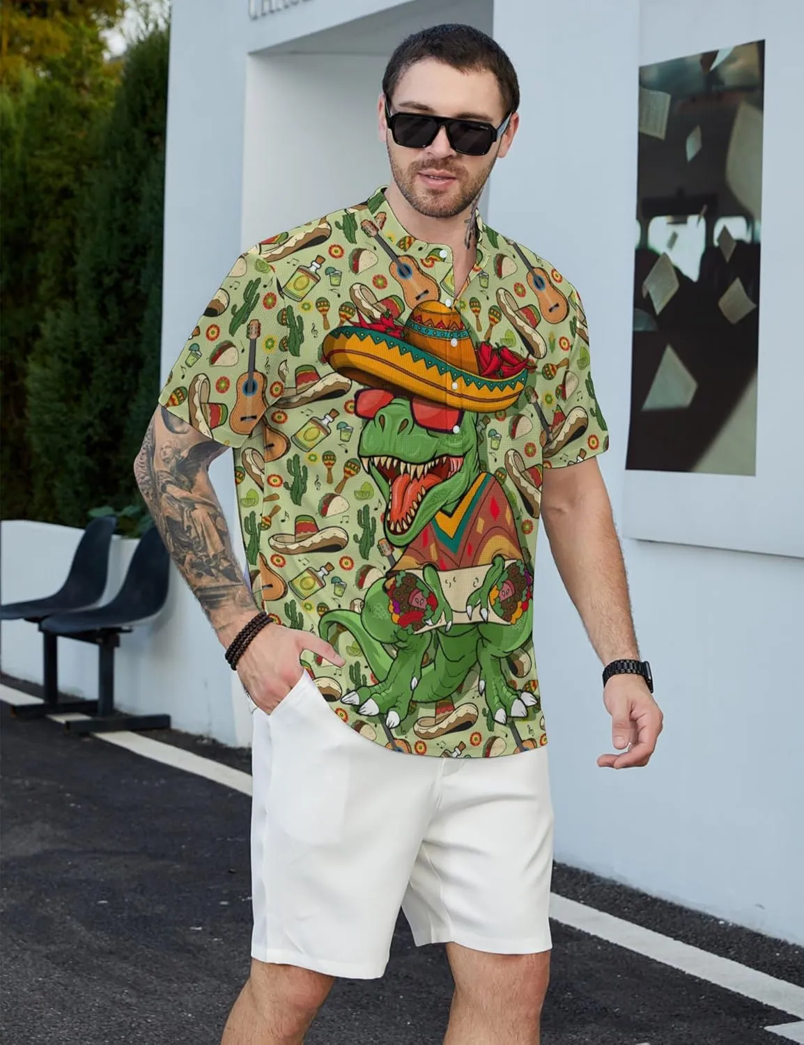 Hawaiian Mens Henley Polo Shirts Short Sleeve Quick Dry Funny Print Casual Collarless Golf Shirts for Men