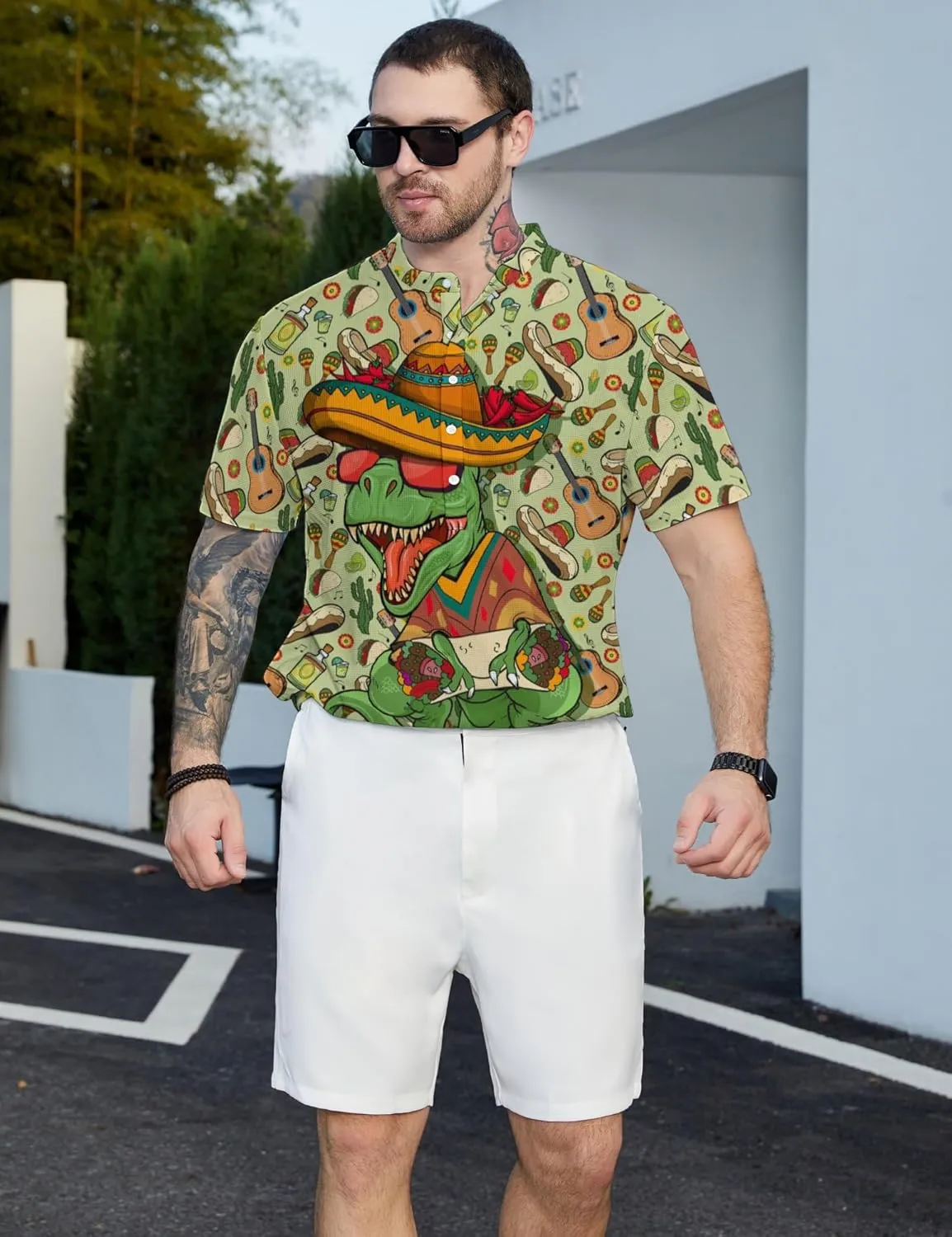 Hawaiian Mens Henley Polo Shirts Short Sleeve Quick Dry Funny Print Casual Collarless Golf Shirts for Men