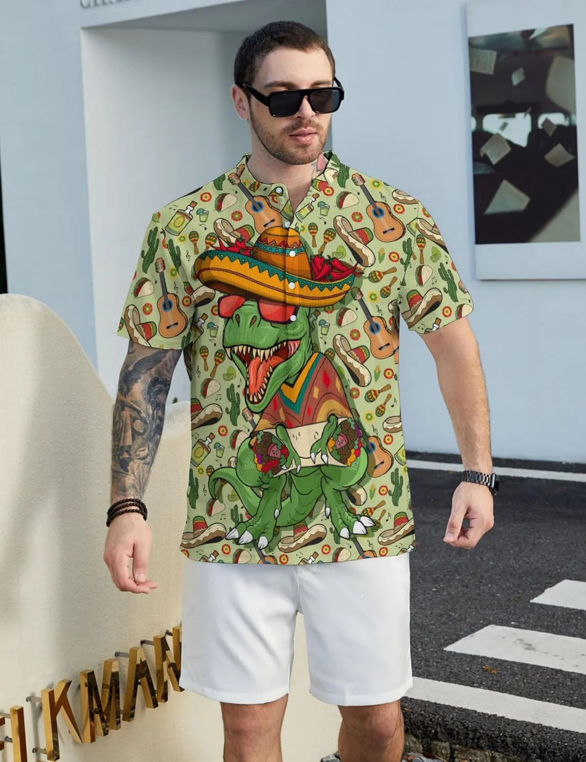 Hawaiian Mens Henley Polo Shirts Short Sleeve Quick Dry Funny Print Casual Collarless Golf Shirts for Men