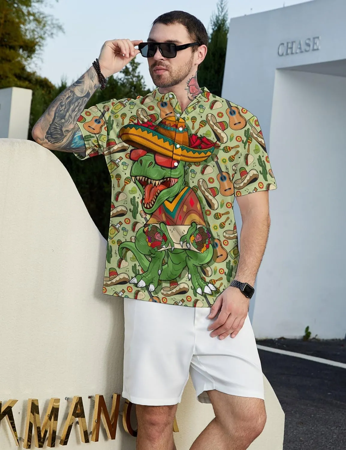 Hawaiian Mens Henley Polo Shirts Short Sleeve Quick Dry Funny Print Casual Collarless Golf Shirts for Men