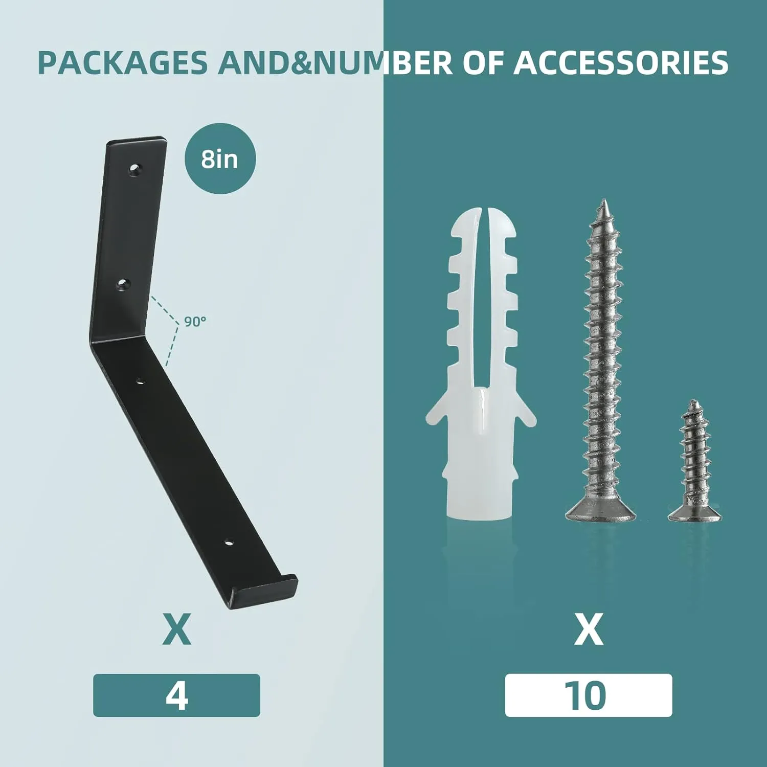HEART ART Black Shelf Bracket 8 inch, J Metal Heavy Duty Shelf Support Brackets 4 Pack，7.5"L×4"H×1.5"W.