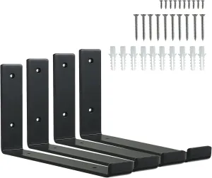 HEART ART Black Shelf Bracket 8 inch, J Metal Heavy Duty Shelf Support Brackets 4 Pack，7.5"L×4"H×1.5"W.