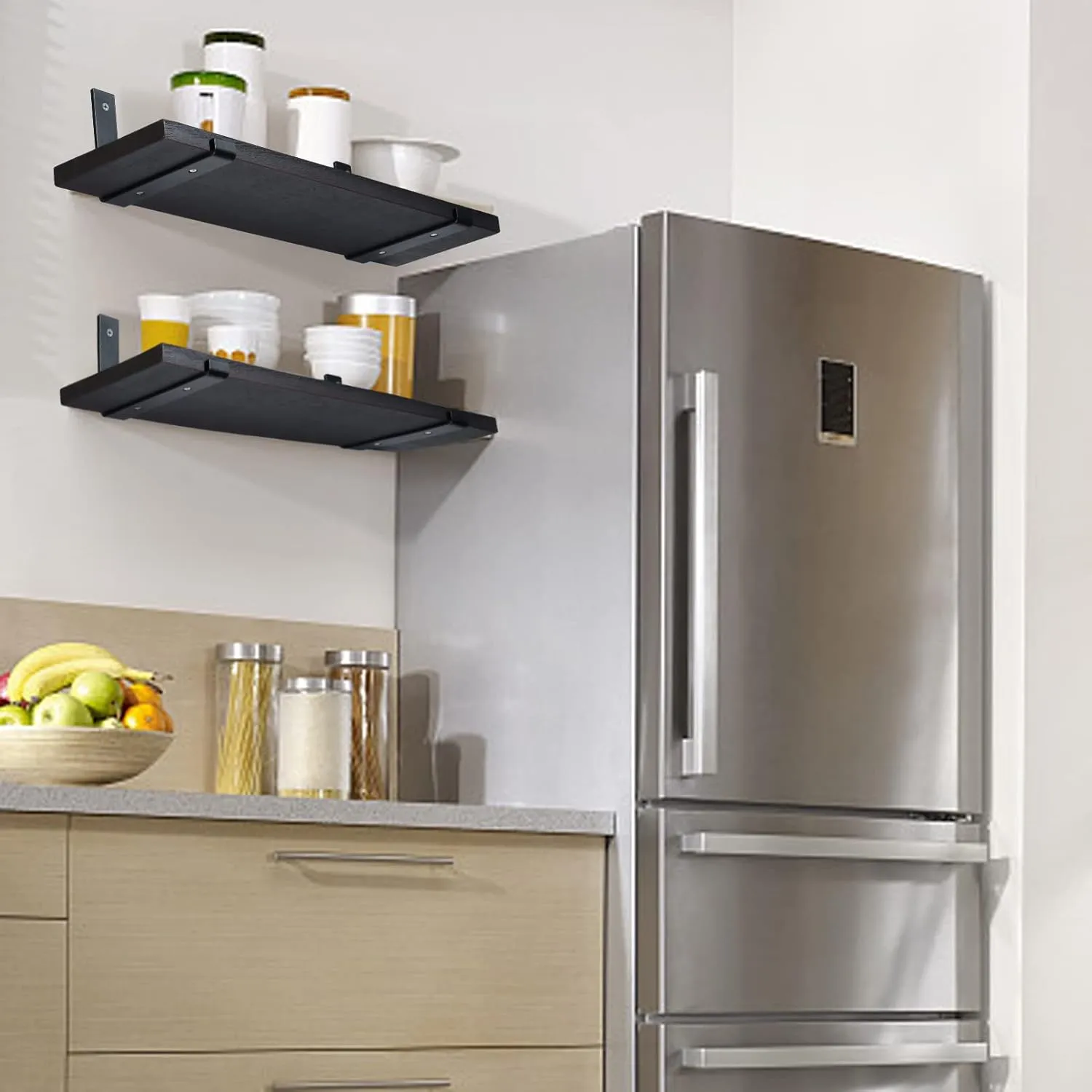 HEART ART Black Shelf Bracket 8 inch, J Metal Heavy Duty Shelf Support Brackets 4 Pack，7.5"L×4"H×1.5"W.