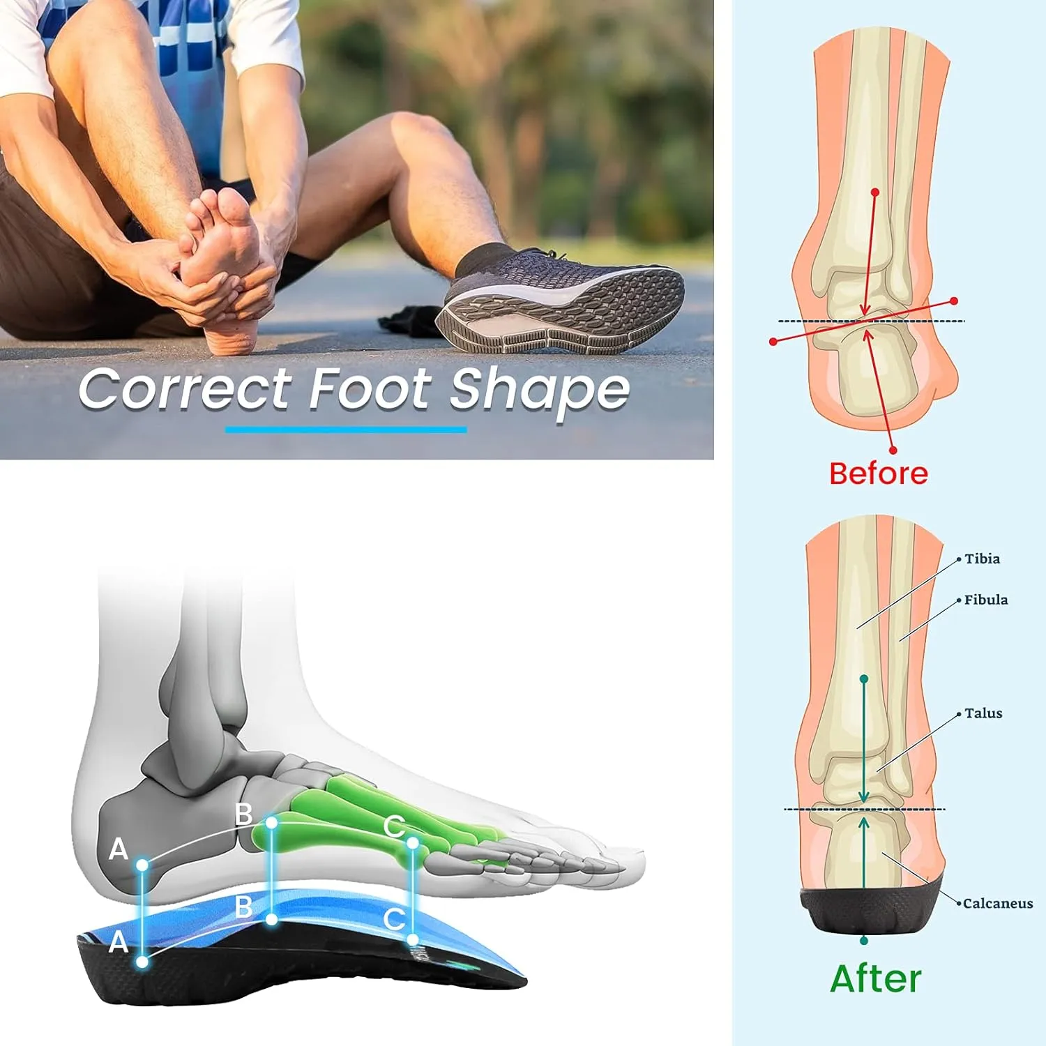 High Arch Support Insoles 3/4 Orthotic Inserts for Flat Feet Plantar Fasciitis Relief Overpronation, Shoes Insoles for Men Women Running, Black and Blue(S:Men 5-6, Women 6-7)