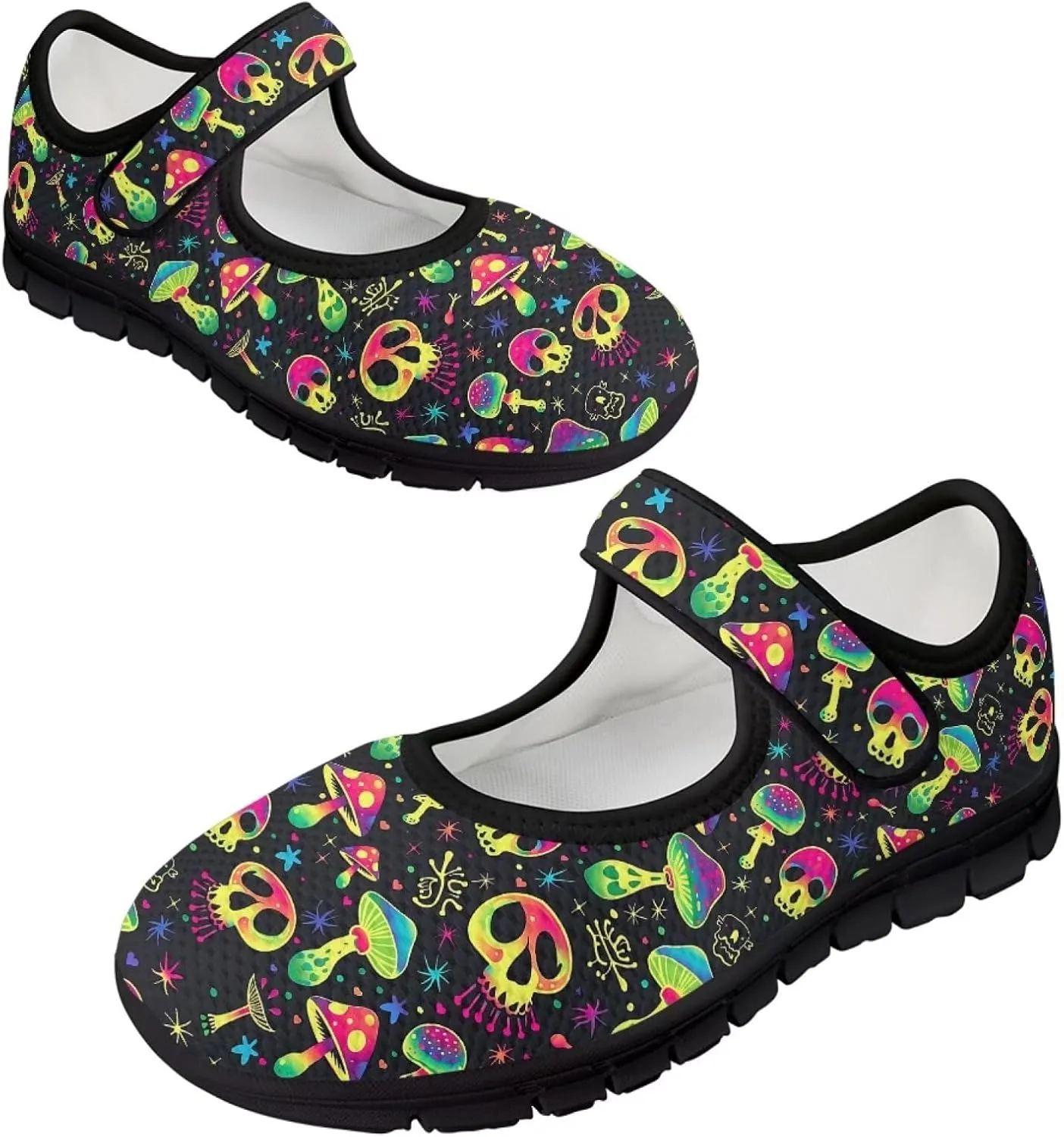 Howilath Gothic Skull Print Womens Mary Jane Shoes Flats Round Toe Ballet Flats Dress Dance Shoe swith Magic Sticker