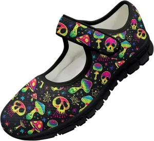 Howilath Gothic Skull Print Womens Mary Jane Shoes Flats Round Toe Ballet Flats Dress Dance Shoe swith Magic Sticker